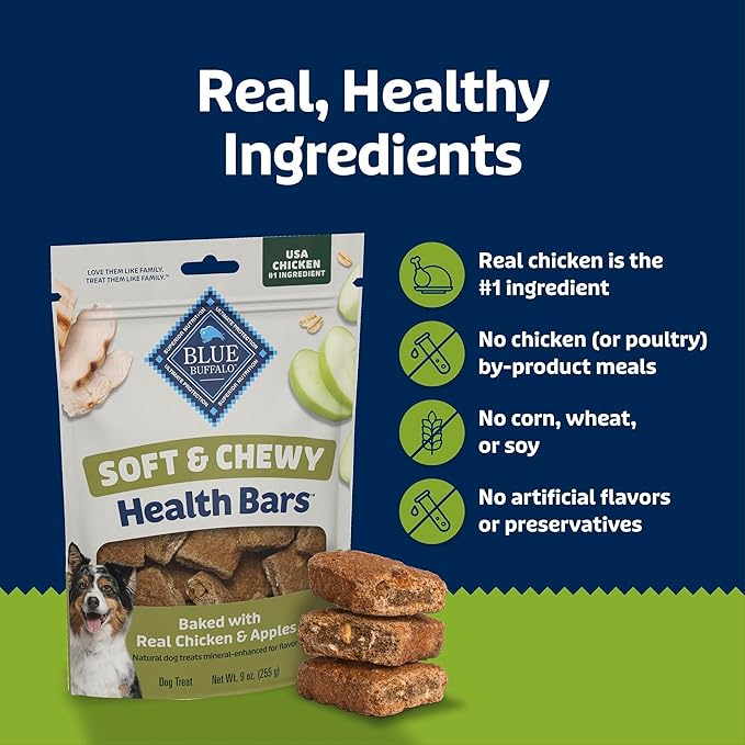 Blue Buffalo Soft & Chewy Health Bars, Baked with Real Chicken & Apples, Natural Dog Treats Mineral Enhanced for Flavor, 9 oz. Bag (Pack of 2)