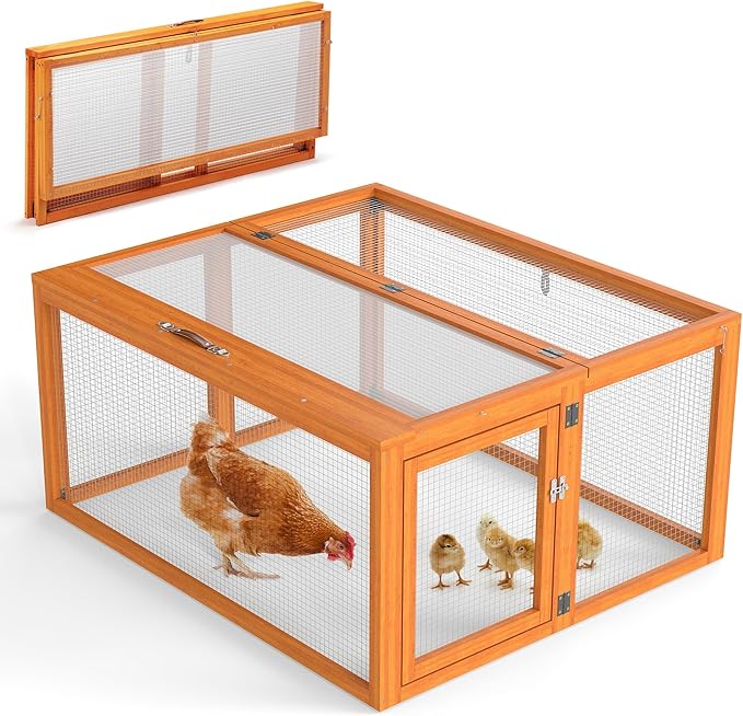 COZIWOW Chicken Coop Pen Portable Wooden Rabbit Hutch - Folding Indoor & Outdoor Chicken Cage Brooder with UV-Proof Panel, Top and Side Openable Doors, Includes 4X Garden Stakes, 43.3 Inch (Orange)