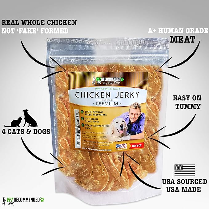Vet Recommended Premium Chicken Jerky for Dogs - Giant 8oz Bag | All Natural Dog Treats - Single Ingredient - No Fillers or Preservatives - Whole Dehydrated Chicken - Made in USA