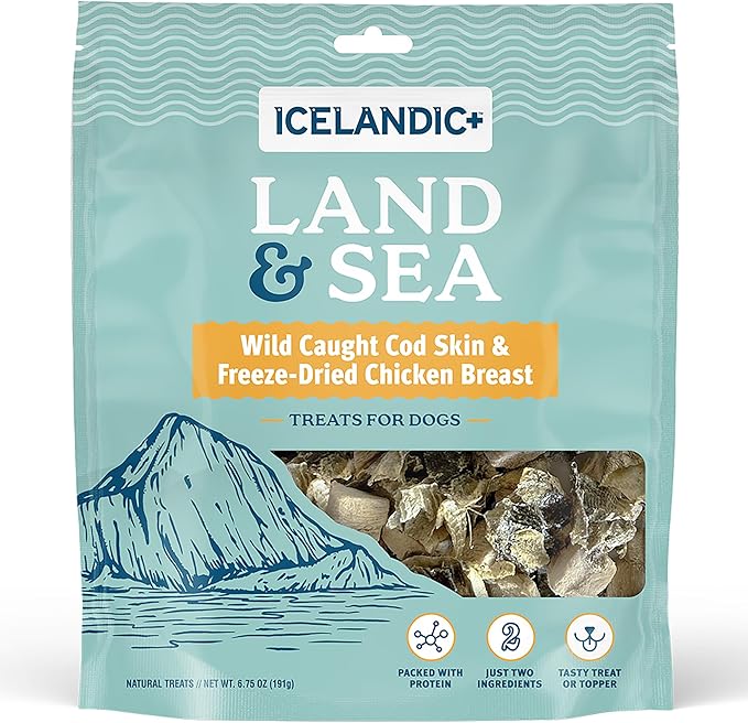 Icelandic+ Land & Sea Wild Caught Cod Skin & Freeze-Dried Chicken Breast -6.75oz Bag, Dog Treat & Food Topper, 2 Ingredient, No Preservatives, Natural