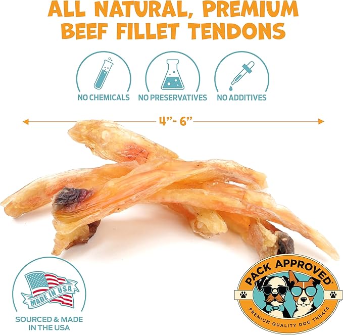 Beef Tendons for Dogs - Single Ingredient Dog Treats & Chews for Small Dogs and Medium Breeds - Dog Chew Sticks - 4-6" (12ct)