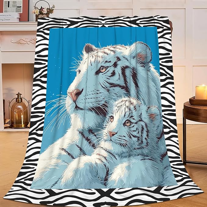 White Tiger Throw Blanket White Tiger Stuff Gifts for Kids Girls Boys Adults Women Men Soft Cozy Warm Plush Fluffy Fuzzy Fleece Blanket Decor 50''X60''