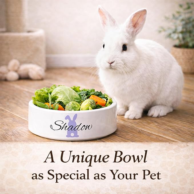 Custom Rabbit Bowl | Personalized Food & Water Dish with Name | Microwave & Dishwasher Safe Ceramic Pet Feeding Bowl | Gift Idea for New Bunny Owners | White – Large