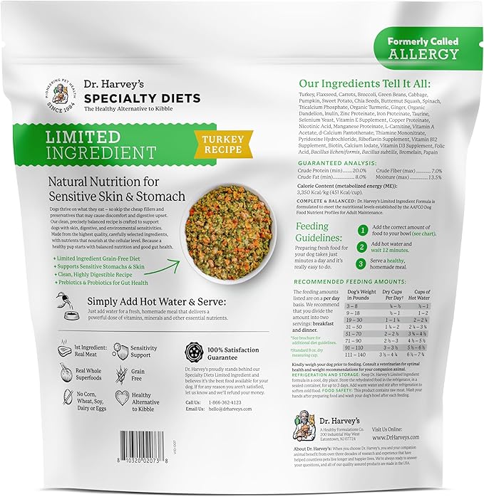 Dr. Harvey's Specialty Diet Limited Ingredient - Human Grade Dog Food for Dogs with Sensitivities - Turkey Recipe (5 Pounds)