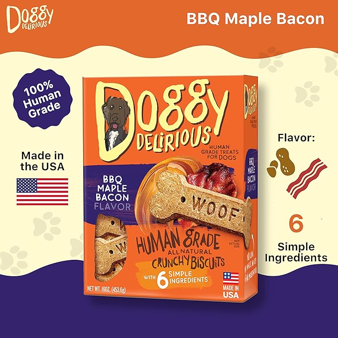 Doggy Delirious Crunchy Dog Treats – for All Pet Sizes, Breeds – All-Natural Puppy Treat – 100% Human-Grade – Delicious Pet Treat Bones, Snacks for Dogs – BBQ Maple Bacon, 16 Oz.