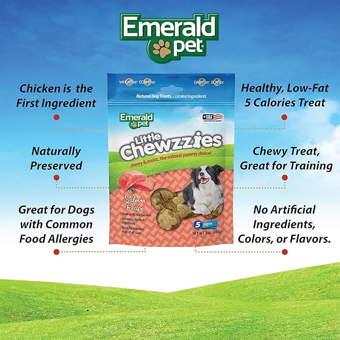 Emerald Pet Little Chewzzies Wheat Free Training Dog Treats — Healthy and Tasty Natural Dog Chews with Real Meat or Peanut Butter — Limited Ingredient Dog Treats Made in The USA — Salmon, 5 oz