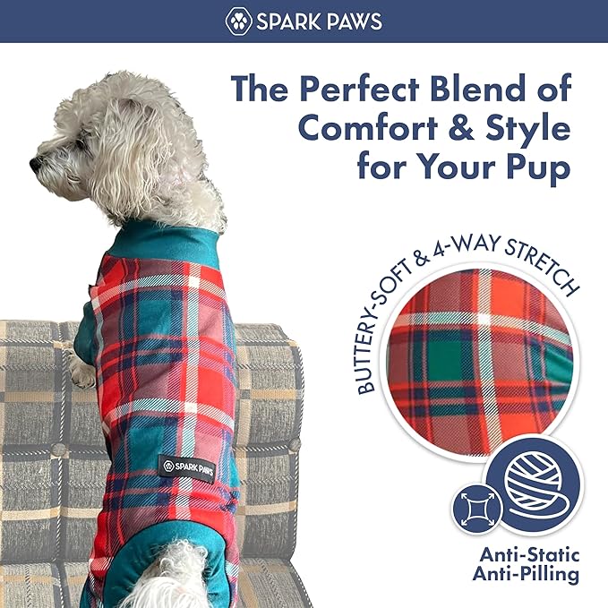 Spark Paws Dog Christmas Pajama, Dog Recovery Suit Male, Onesie, Ultra-Soft and 4-Way Stretch, for Small Medium and Large Breeds - Green and Red Plaid - M