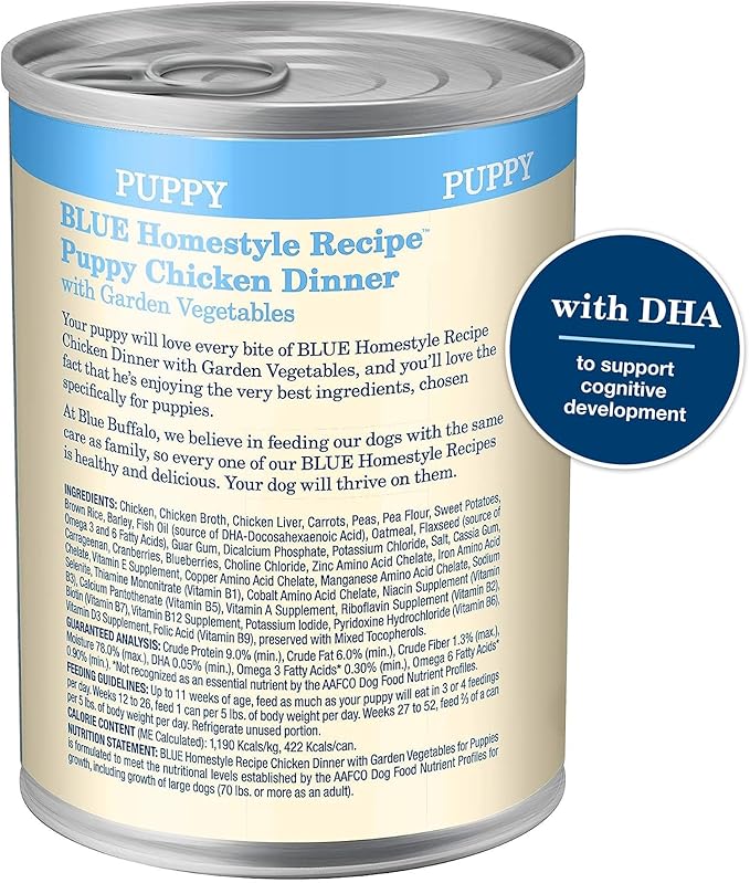 Blue Buffalo Homestyle Recipe Puppy Wet Dog Food, Made with Natural Ingredients, Chicken Dinner with Garden Vegetables & Brown Rice, 12.5-oz Cans, 12 Count (Pack of 2)