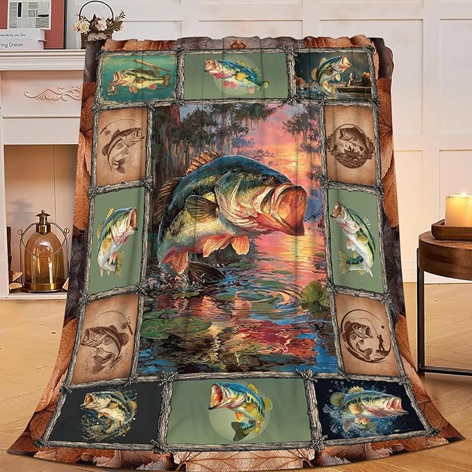 Fish Throw Blanket Fishing Stuff Gifts for Kids Girls Boys Adults Women Men Soft Cozy Warm Plush Fluffy Fuzzy Fleece Blanket Decor 40''X50''