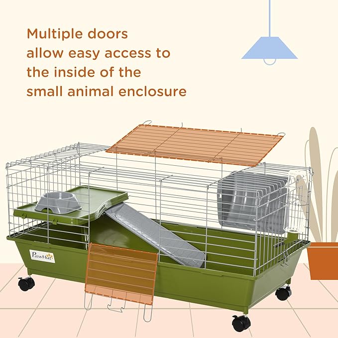 PawHut 35" L Small Animal Cage, Rolling Bunny Cage, Guinea Pig Cage with Food Dish, Water Bottle, Hay Feeder, Platform, Ramp for Chinchilla, Green