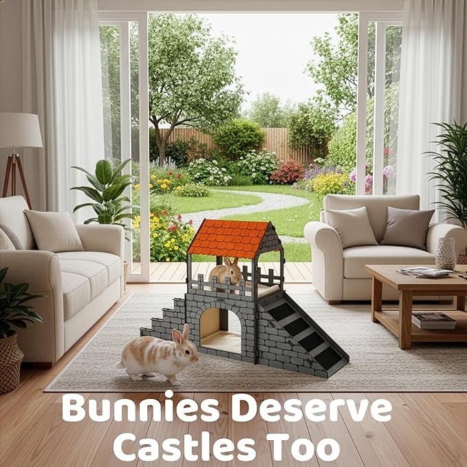 OtterPets Extra Large Bunny Hideout, Cozy Rabbit Castle with Fleece Mats, Wooden Rabbit Hideout, Bunny House Indoor Indoor, Chinchilla, Guinea Pig House (DIY Paint Kit)