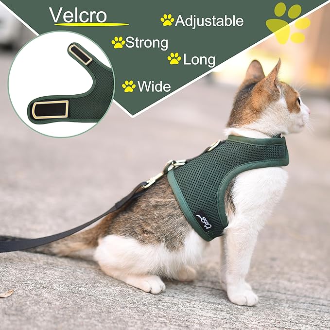Cat Harness and Leash for Walking Escape Proof Breathable Mesh Fabric, Solid Green, XX-Large, Adjustable Cat Walking Jackets, Padded Stylish Cat Vest