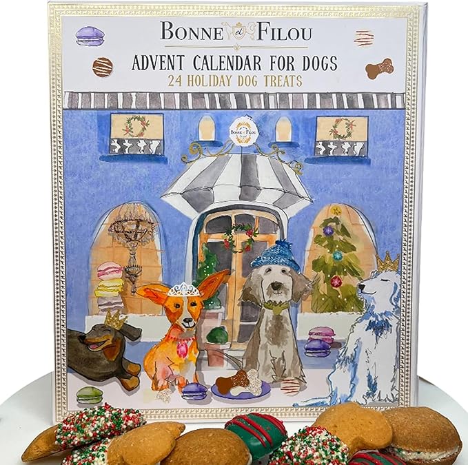 Bonne et Filou 2025 Dog Treats Advent Calendar - 24 Hand Designed Luxury Macarons, Truffles & Bone Cookies Box, Christmas Box for Dogs, Advent Treats for All Breeds (24 Count)