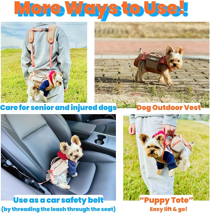 Pet Carrier Sling & Backpack, Full Body Lift Harness, Soft Lift Support and Rehab Harness for Small Dogs and Cats (Khaki, XS)