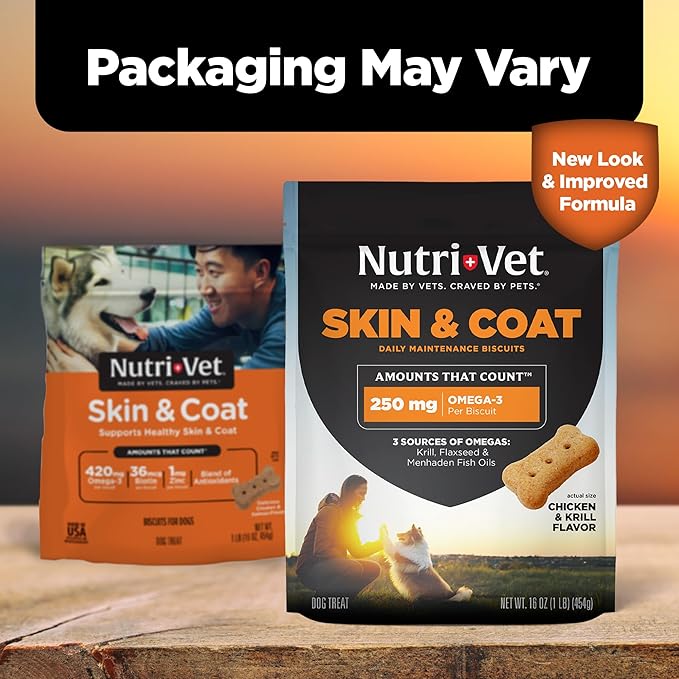 Nutri-Vet Skin & Coat Biscuits for Dogs, Tasty Dog Treat, Skin and Coat Supplement, Omega 3 Fish Oil, Made with Omega 3 and Biotin, Fish Oil Treat for Pets, Chicken & Krill Flavor, 16 oz