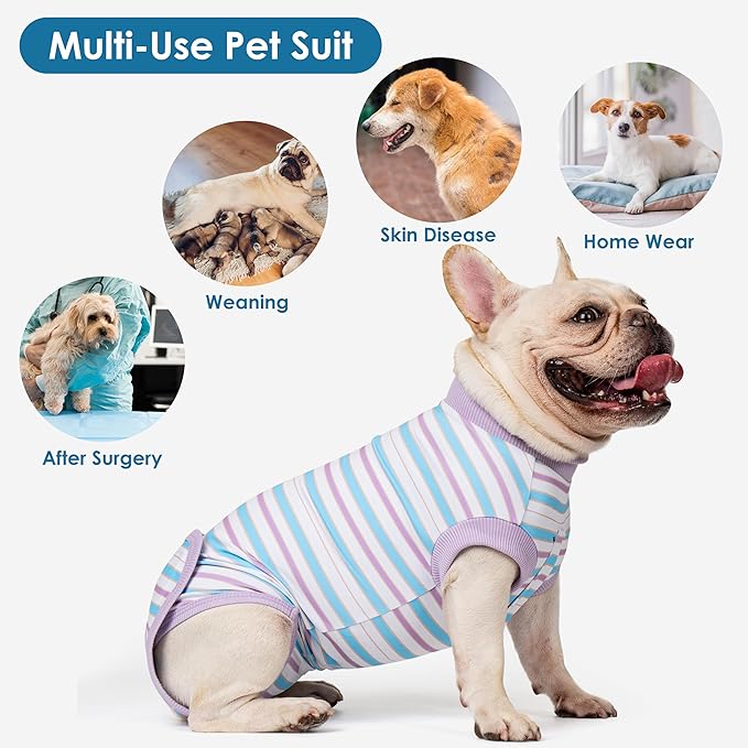 cyeollo Recovery Suit for Dogs Surgery Suit Female Spay Soft Pet Onesie Bodysuit Male Dog Neuter, Small Dogs Surgical Recovery Shirt, Striped, L