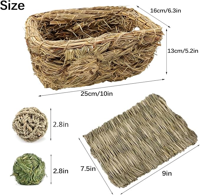 Hamiledyi Bunny Grass House Guinea Pig Grass Bed Hand-Woven Hay Hut Natural Seagrass Balls for Dwarf Rabbit Guinea Pig Chinchilla Ferret Hedgehog