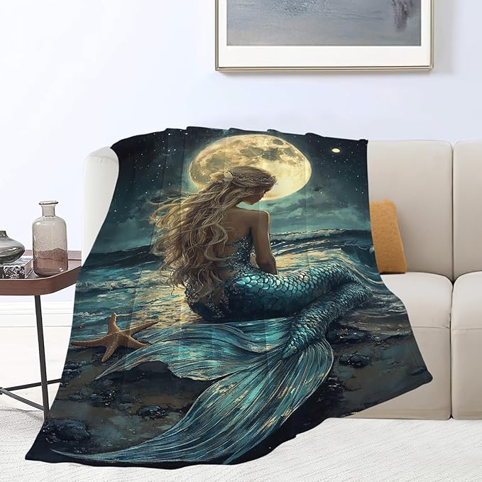 Mermaid Throw Blanket Beach Moon Night Mermaid Stuff Gifts for Kids Girls Boys Adults Women Men Soft Cozy Warm Plush Fluffy Fuzzy Fleece Blanket Decor 60''X80''