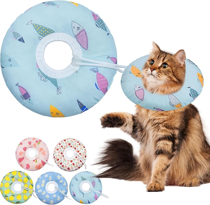 Seyezo Cat Cone Collar Soft, Adjustable Cat Recovery Collars Kitten Cones to Stop Licking, Cute Donut Cones for Cats After Surgery, Elizabethan Collar for Kittens After Spay(Blue Fish, Large)