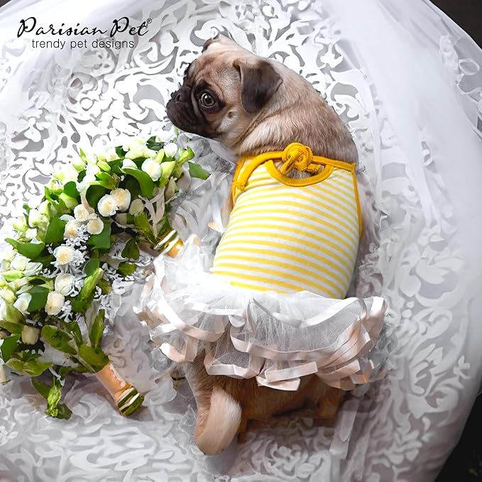 Parisian Pet Ballerina Dog Dress - Summer Clothes for Large Dogs - Comfortable Striped Yellow Pet Dress - Dog Wedding Outfit - Lightweight Puppy Clothes Girl - Designer Dresses for Dogs