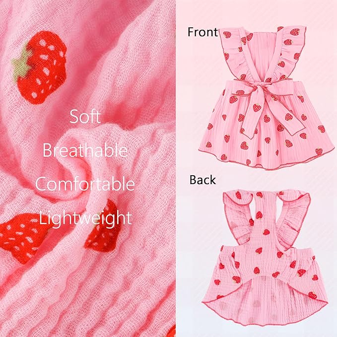 Dog Dress Clothes for Small Dogs Girl with Leash Ring & Bow Cat Dog Outfit Strawberry Printed Pet Cat Apparel Sweet Ruffled Chihuahua Yorkie Puppy Clothes