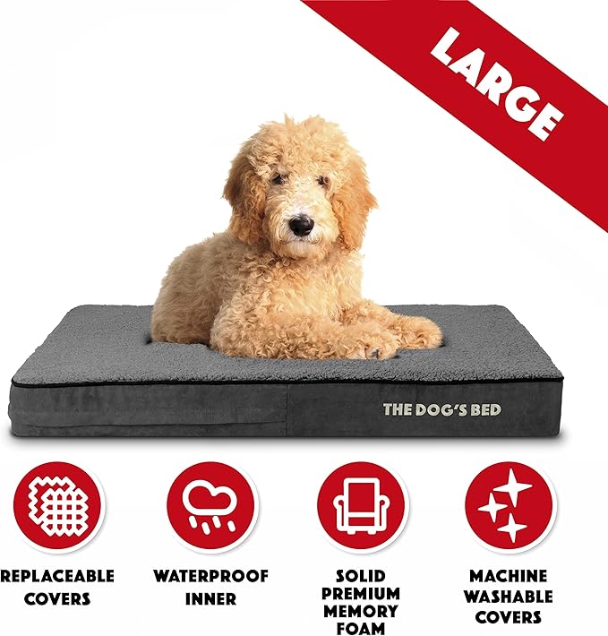 The Dog’s Bed Orthopedic Memory Foam Dog Bed for Large Dogs, Waterproof Washable Cover, Anti-Slip Base, Calming Surface – CertiPUR-Certified Foam, Grey Plush, 4 Inch Thick