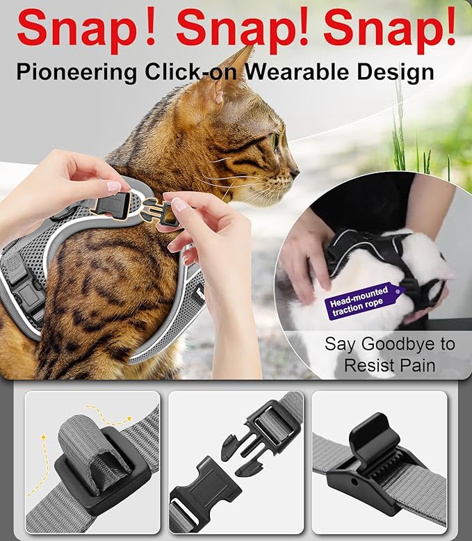 Cat Harness and Leash for Walking Escape Proof Soft Adjustable Cat Leash Breathable Comfortable Vest Easy to Wear Kitten Harness for Outdoor Travel (Grey, M (13-18lb))