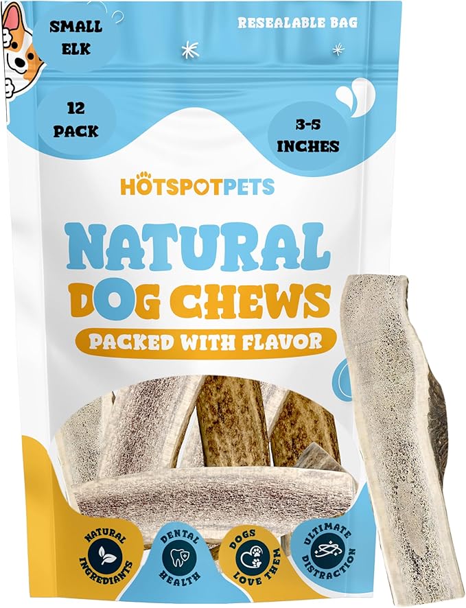 hotspot pets Small Premium Split Elk Antlers for Dogs - 3''-5'' Inch Long Dog Chews, (12 Pack) Naturally Shed Antler Bone for Small Breed Aggressive Chewers - Made in USA - Promotes Dental Hygiene