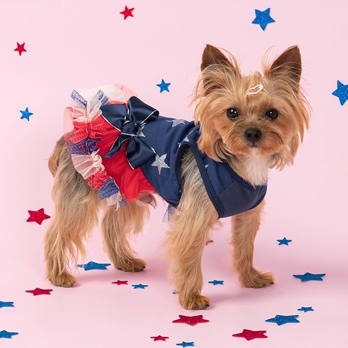 Fitwarm Patriotic Sparkly Stars Dog Dress, 4th of July Clothes for Small Dogs Girl, Pet Outfit, Royal Blue, Red, Silver, Large