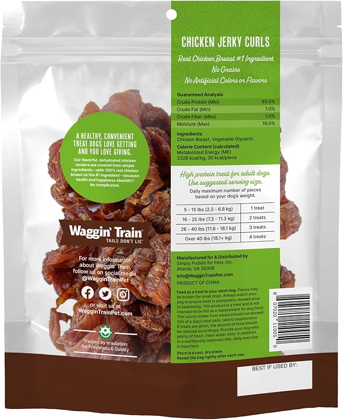 Waggin' Train Chicken Jerky Curls Dog Treats, Made with 100% Real Chicken Breasts, Only Two All-Natural Ingredients, Great High Protein Dog Treat, Easily Digestible for Big or Small Dogs, 16 oz. Pouch