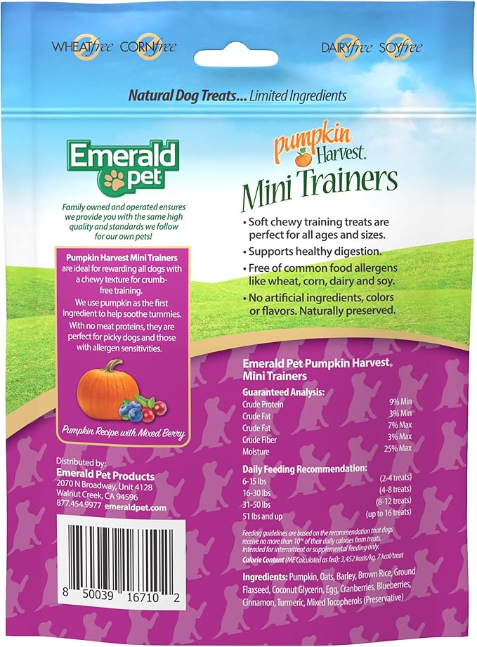 Emerald Pet Pumpkin Harvest Mini Trainers with Blueberris and Cranberries Chewy Dog Treats Made in The USA, Pumpkin with Mixed Berry 6oz (Mixed Berry Mini)