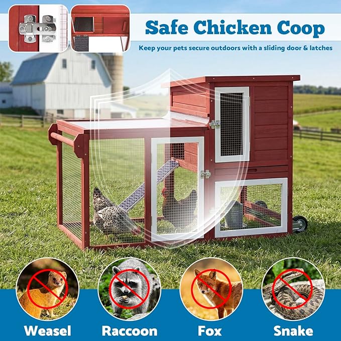 Rabbit Hutch Indoor Outdoor Bunny Cage, Weather Resistant Openable Roof, Slide Out Tray, Handle & Rolling Wheels, Chicken Coop, 48.05" L x 26.02" W x 34.3" H, Red