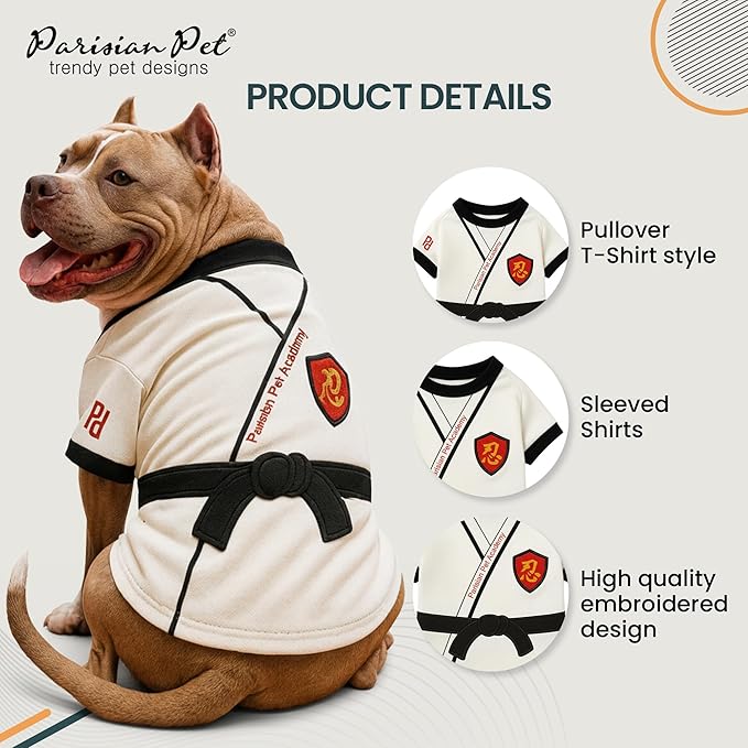 Parisian Pet Dog Karate Academy Shirt - Embroidered Pet Vest - 100% Cotton & Polyester Doggy Shirt - Lightweight Pet Clothes - Sleeved Puppy Costume - Funny Shirts for Large Dogs - L