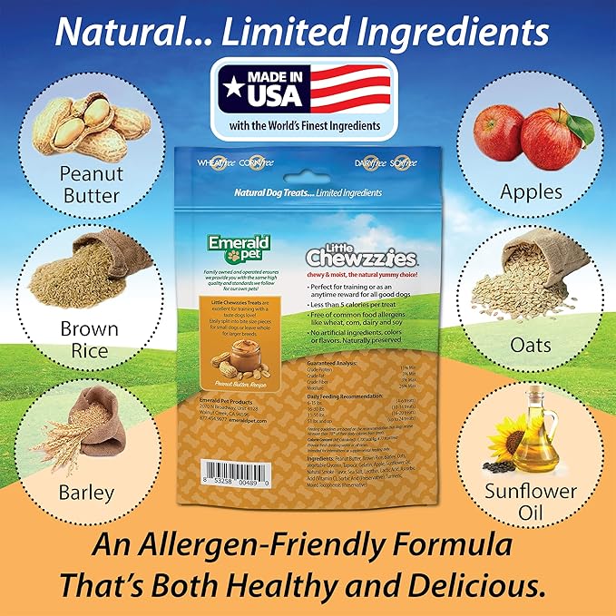 Emerald Pet Little Chewzzies Wheat Free Training Dog Treats — Healthy and Tasty Natural Dog Chews with Real Meat or Peanut Butter — Limited Ingredient Dog Treats Made in The USA — Peanut Butter, 5 oz