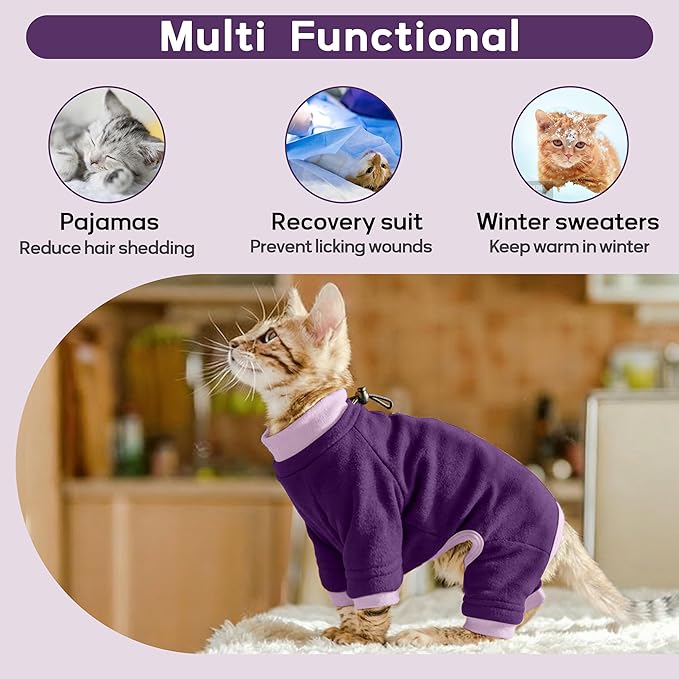 PUMYPOREITY Cat Hair Sticky Sweater, Recovery Suit - Breathable & Lightweight for Post-Surgery Protection, Cat Onsie Prevents Licking Wounds, Purple, XL