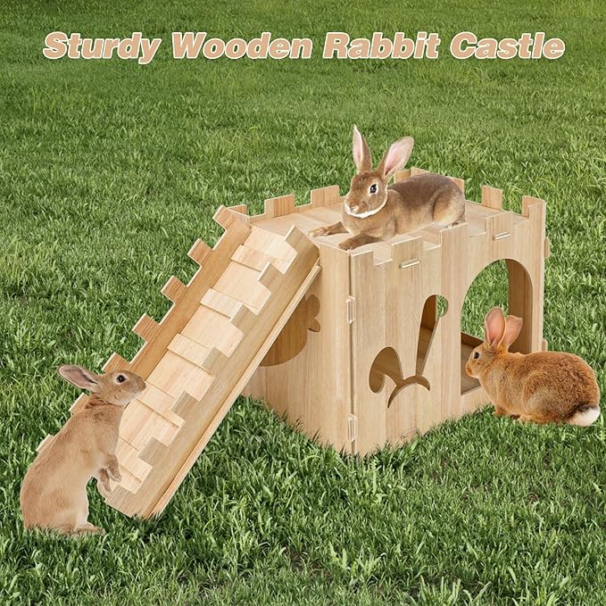 YUEPET Large Wooden Rabbit Castle with Ramp, Rabbit Pig Hideout Detachable Bunny House Indoor Small Animal Houses & Habitats for Adult Bunny Guinea Pig Chinchilla Hide Rest Play