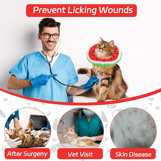 Seyezo Cat Cone Collar Soft, Adjustable Cat Recovery Collars Kitten Cones to Stop Licking, Cute Donut E Collar After Surgery, Wound Healing Elizabethan Collar for Kittens (Watermelon, Large)