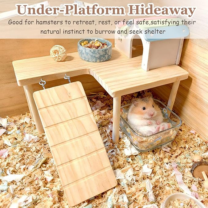 Wooden Hamster Platform with Ladder Rat Climbing Activity Playground Platform Cage Accessories Decor for Dwarf Syrian Hamster Gerbil Rat Mice (Left)