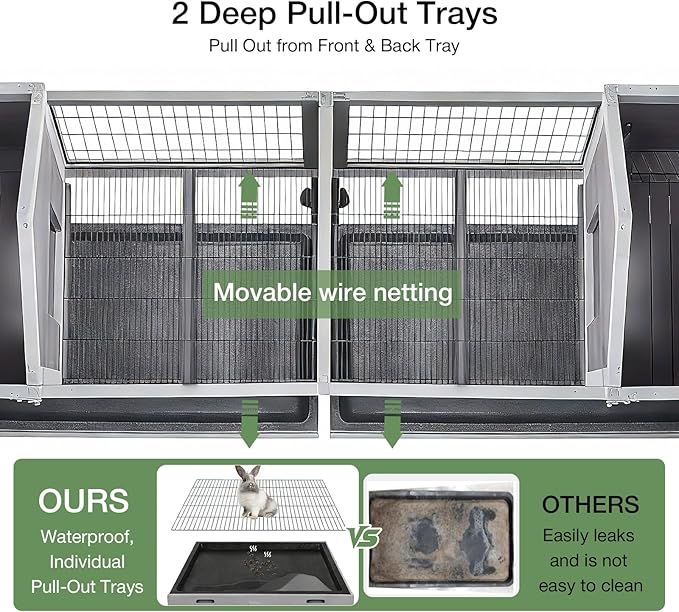 Rabbit Hutch Indoor Outdoor, Large Bunny Cage with Double House and Run, 10.4 ft² Guinea Pig House, Upgrade Deeper No-Leak Trays, On Wheels for Easy Moving