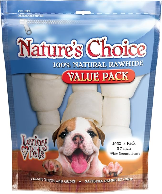 Loving Pets Nature's Choice - White Knotted Rawhide Bones for Dogs, 6-7" Bones (for Dogs 20-65 lbs)