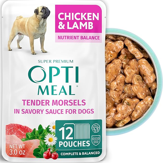 Optimeal Wet Dog Food Pouches - Grain-Free Chicken & Lamb Recipe, High Protein, Tender Morsels in Savory Sauce, Made with Natural Ingredients for Small Dogs - 3oz (Pack of 12)