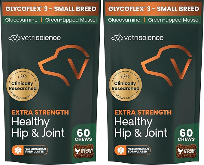 VetriScience Extra Strength Healthy Hip & Joint-Chews, GlycoFlex Glucosamine & Green-Lipped Mussel Joint Support Supplement for Small Breed Dogs,Soothe Joint Discomfort,Chicken 60 Count(Pack of 2)