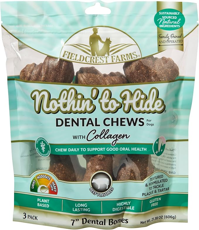 Fieldcrest Farms Dental Chews for Dogs, Bone (7inches, 3count Pack) – Tackles Plaque, Tartar, Promotes Dental Health – w/Collagen, Organic, Gluten-Free