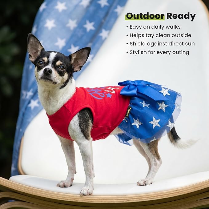 Fitwarm Happy 4th of July Dog Tulle Dress, Patriotic Dog Clothes for Small Dogs Girl, Red and White Star Pet Outfit, Red, Royal Blue, Small