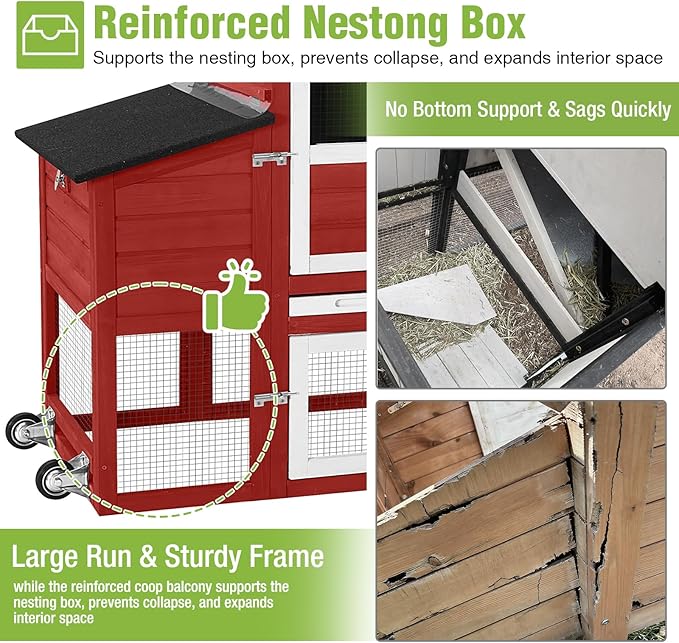GUTINNEEN Mobile Chicken Coop for 2-4 Chickens with Wheels, Expandable Large Hen House with Run, UV-Protected Roof, Divided Nesting Boxes, Easy One-Person Move, Red