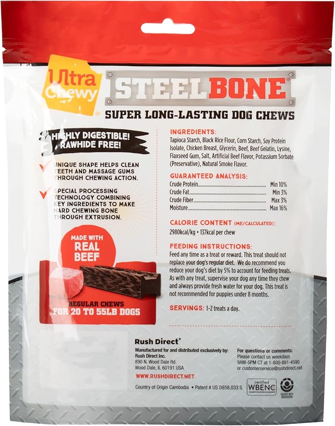 Ultra Chewy Steel Bones Regular Size Beef Flavor - Super Long Lasting Dog Chews - Rawhide Free & Highly Digestible - Unique Shape Helps Clean Teeth - Ideal Dog Bones for Aggressive Chewers