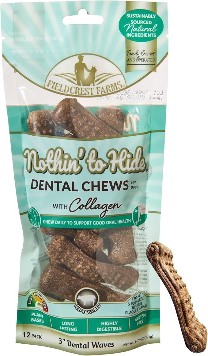 Fieldcrest Farms Dental Chews for Dogs, Wave (3inches, 12count Pack) – Tackles Plaque, Tartar, Promotes Dental Health – w/Collagen, Gluten-Free, for Aggressive Chewers up to 15lbs