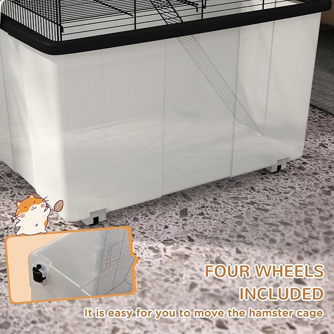 PawHut Hamster Cage, Gerbil Cage 2 Tier with Wheels, Deep Bottom, Ramp, Food Dish, Water Bottle, for Dwarf Hamster, 57 x 43 x 57cm - Black