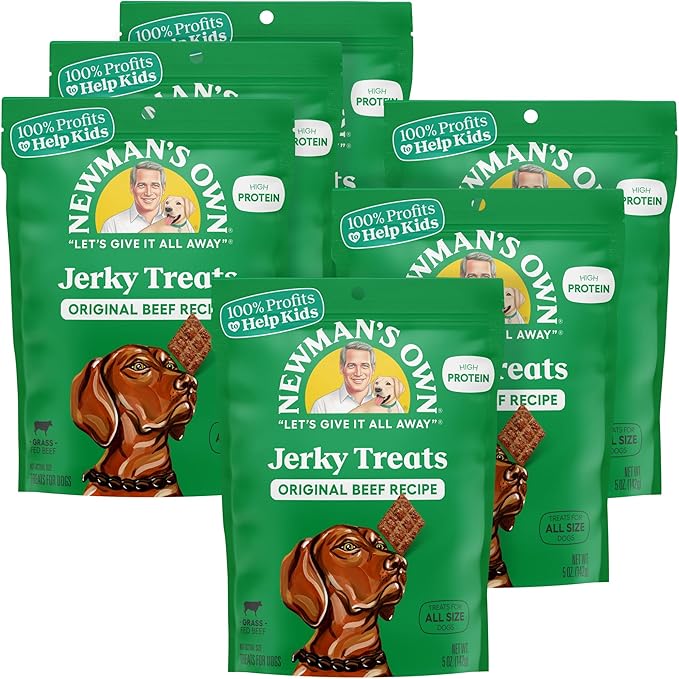 Newman's Own Original Beef Jerky Dog Treats, 5 oz Bag (Pack of 6) — High Protein, Grain Free, Grass-Fed Beef as First Ingredient, Chewy Wholesome Training Rewards