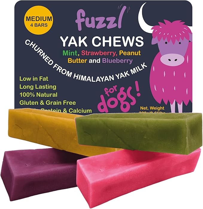 Yak Cheese Chews Blueberry, Strawberry, Peanut Butter, Mint Medium Pack 4 - Himalayan Yak Chews for Dogs - Natural Dog Chew